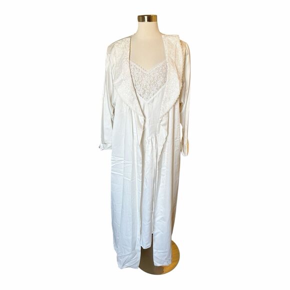Delicates VTG Peignoir Silky Nightgown & Robe Set Sz L Ivory Lace